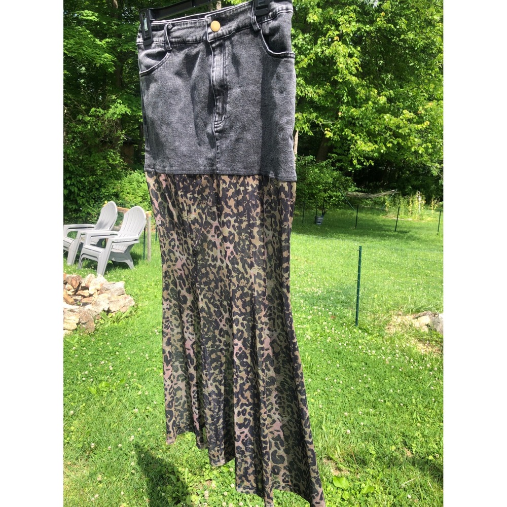 Grey Acid Wash Denim Indie Mesh leopard Maxi fit & flare Skirt black green S